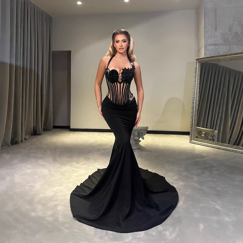 Sexy Halterneck Intricately Beaded Fishtail Bodycon Dress