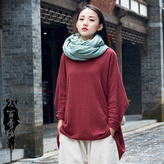 Cotton And Linen Breathable Retro National Long Sleeve Pullover T-shirt