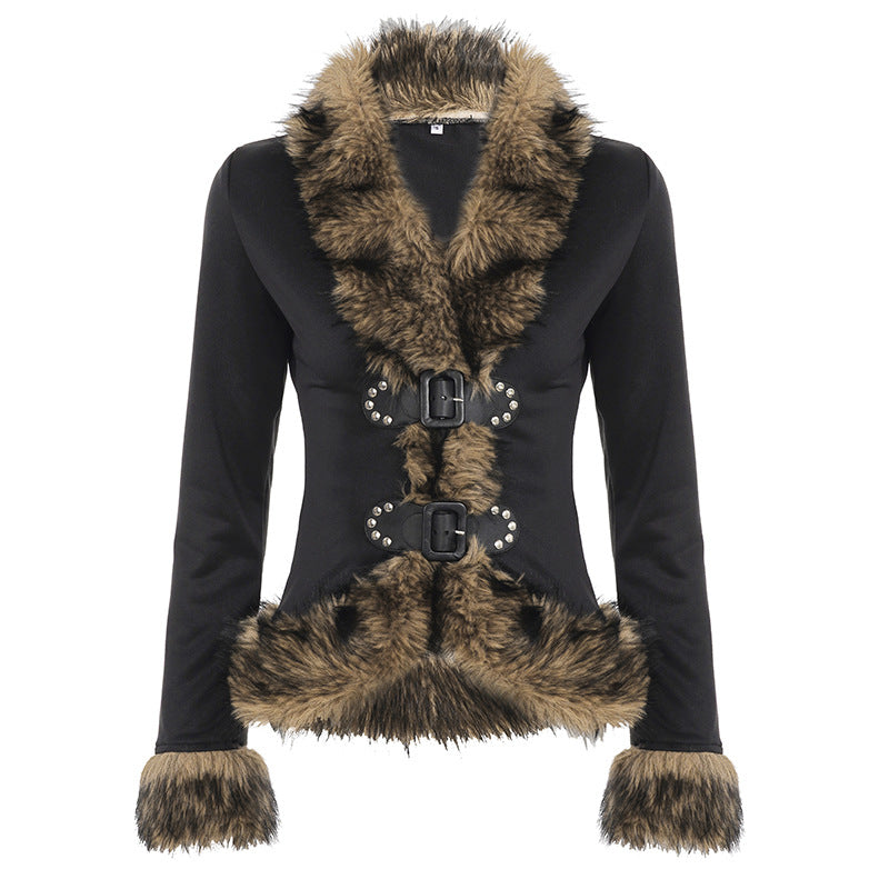 Retro Fuzzy Patchwork Leather-Button Cinched Waist Cardigan