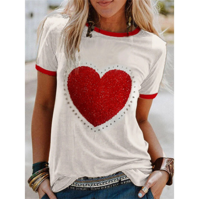 Fashion V-neck Plain Color Sleeve Rhinestone Casual Top
