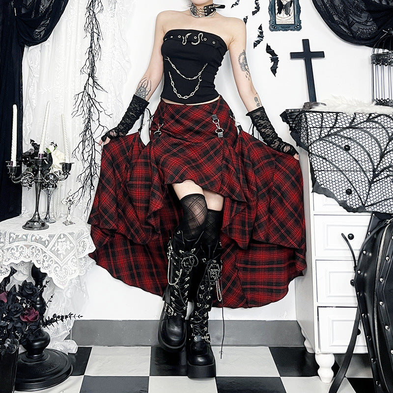 Dark-style Red Plaid Irregular Adjustable Multi-wear Skirt