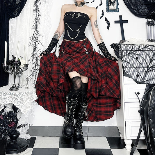 Dark-style Red Plaid Irregular Adjustable Multi-wear Skirt