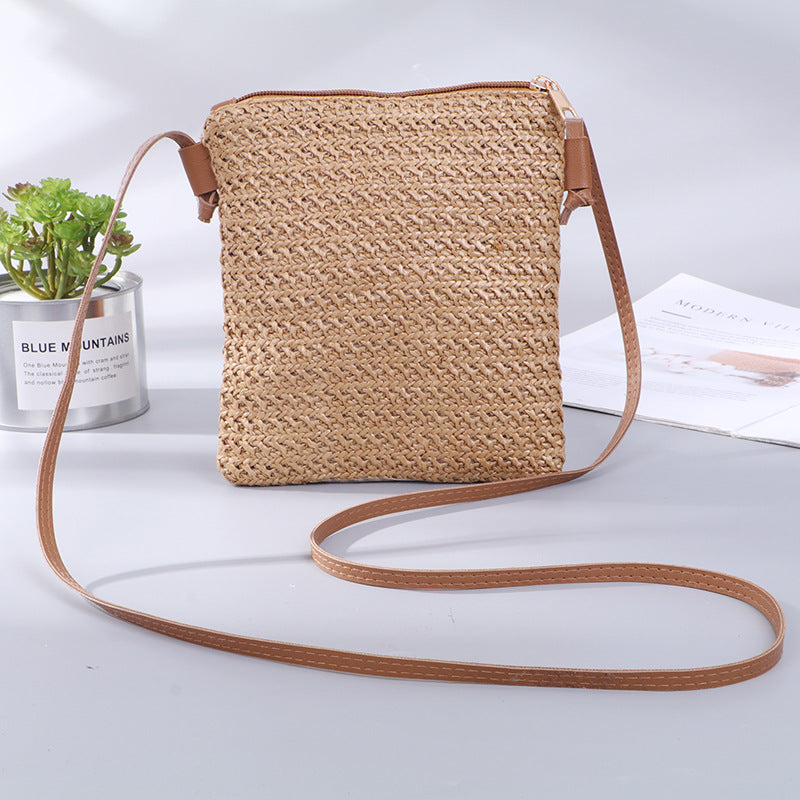 Mobile Phone Diagonal Bag Solid Color Straw Woven Female Bag