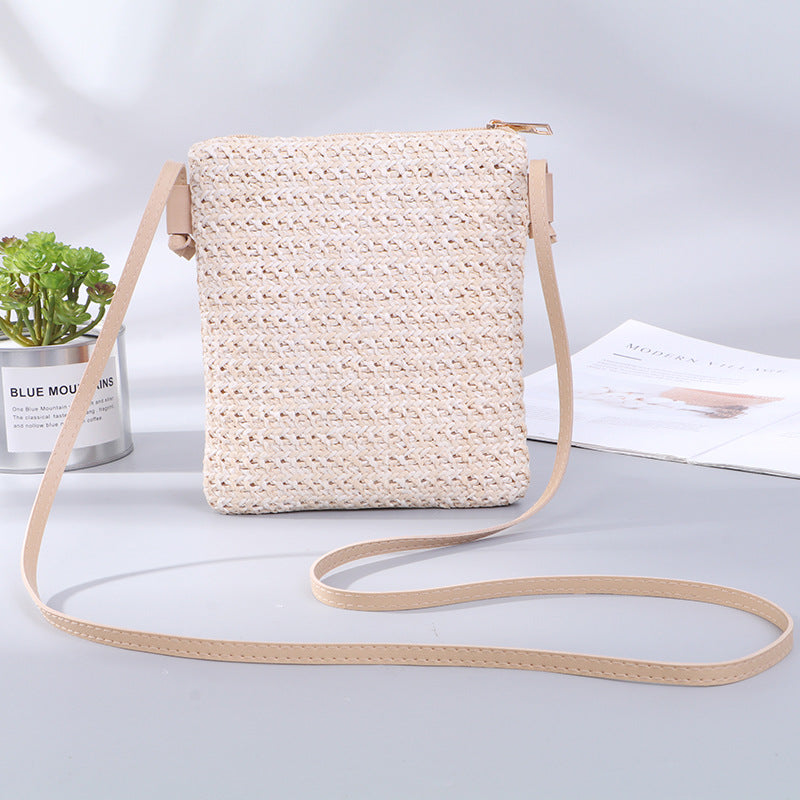 Mobile Phone Diagonal Bag Solid Color Straw Woven Female Bag