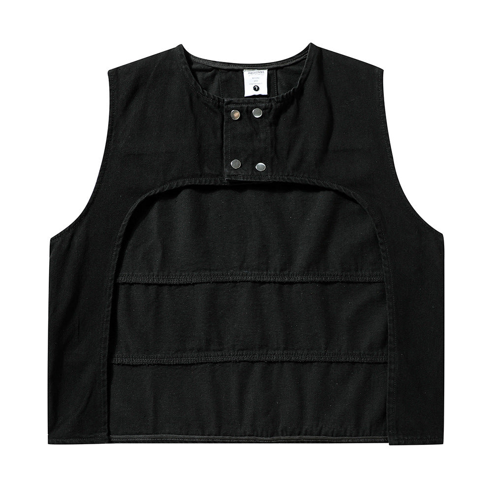 Denim Vest Men's Loose Casual High Street Patchwork Round Neck Coat