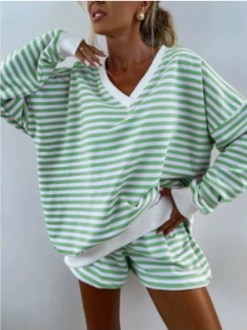 Women's Two-Piece Set Long-Sleeve V-Neck Loose Top And Athletic Shorts