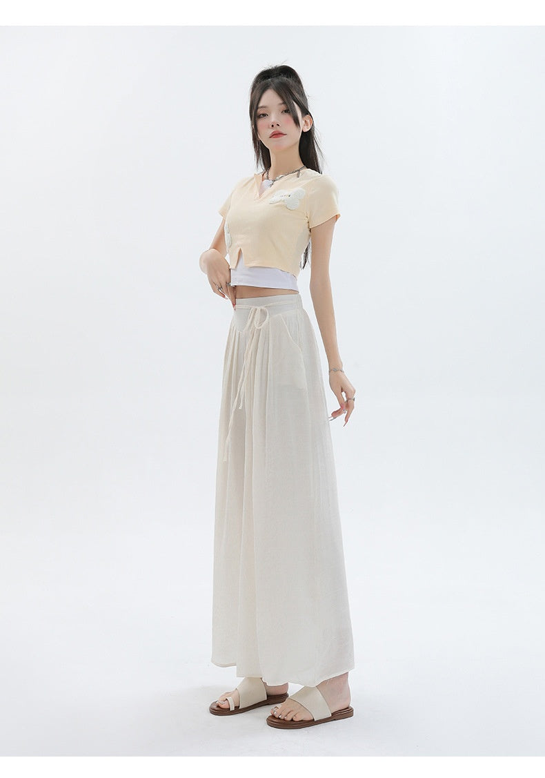 Summer Thin Design High Waist With Straps Slimming And Straight Drape Cropped Wide-leg Pants Skirt