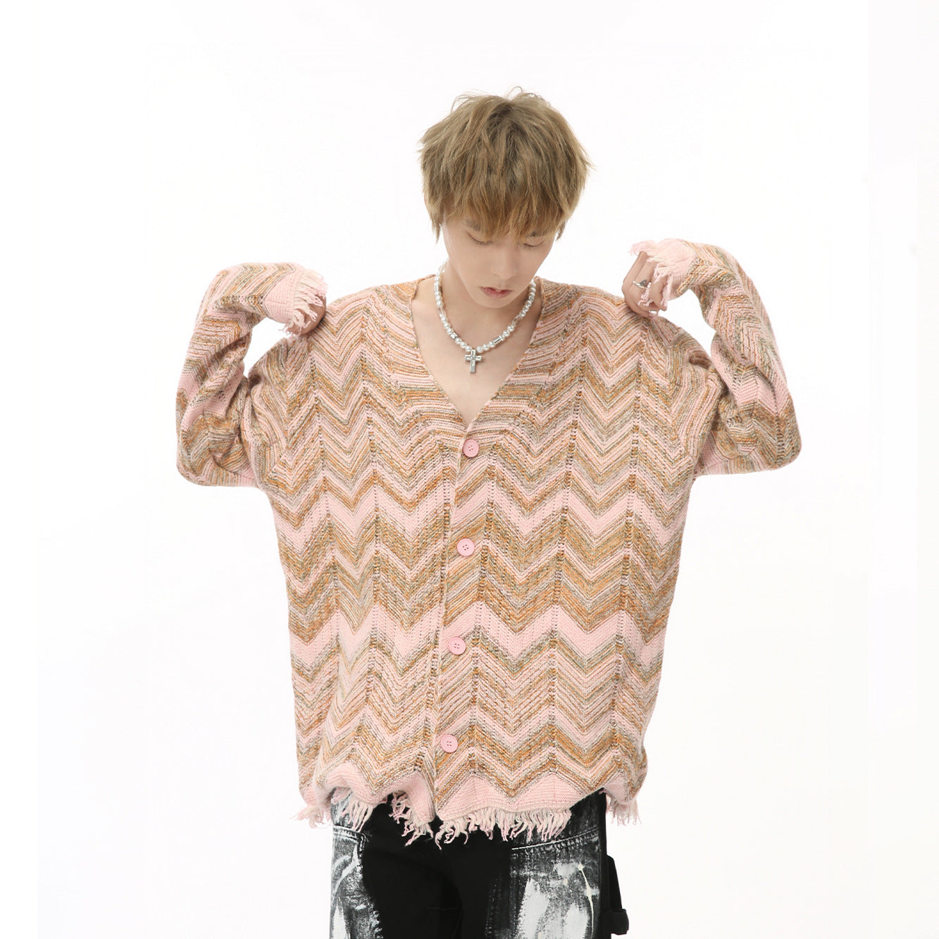 Retro Contrast Color Sweater Wave Striped Knitted Cardigan Jacket