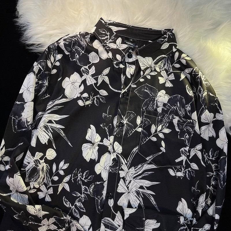 Hong Kong Style Printed Shirt Men's And Women's Loose Long Sleeves