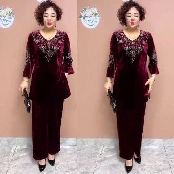 Stylish Gold Velvet Cropped-Sleeve Pants Two-Piece Set