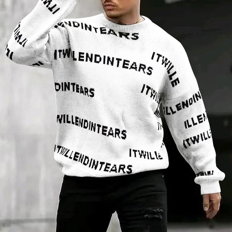 European And American Men's Letter Printing Casual Sweater Loose Round Neck