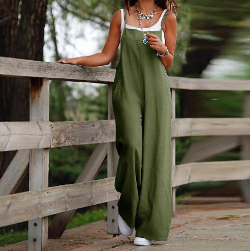 Ærmeløs Jumpsuit Til Kvinder Med Lommer Og Justerbar Skulderrem Moderigtig Løs Bred Ben Lige Overalls Sommer Strandbukser