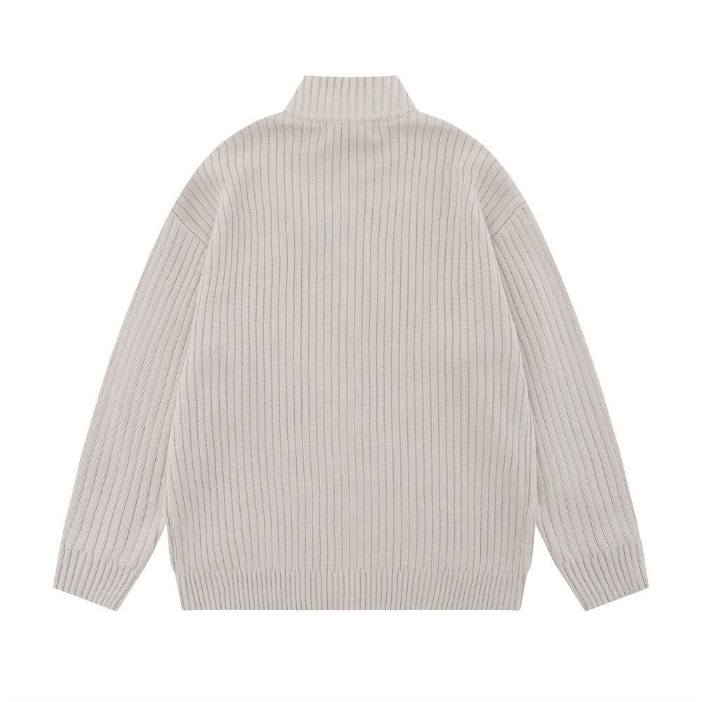Mænds strikkede cardigan med løs rullekrave og alfabet-graffiti-print – efterårs/vinterfrakke
