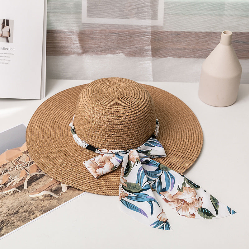 Bow Ribbon Broad-brimmed Hat Silk Scarf Straw Woven Vacation Sun Protection Folding Straw Hat
