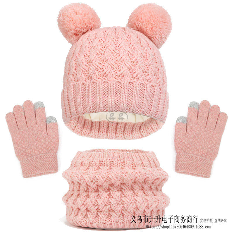 Children's Autumn And Winter Fleece-lined Thickened Double Ball Hat Scarf Gloves Three-piece Set