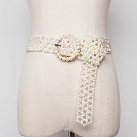 Hand openwork braided pearl belt