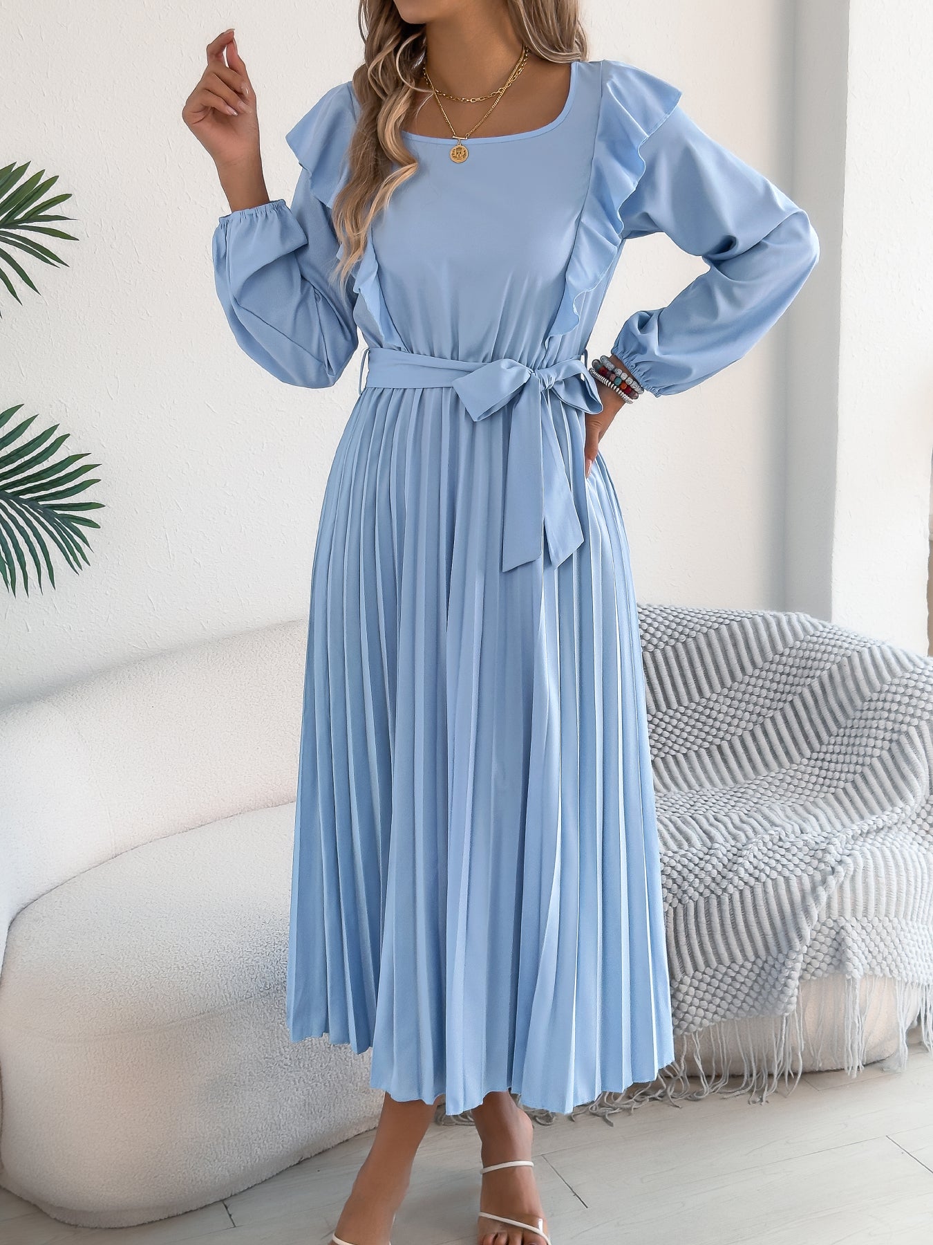 Women's Elegant Ruffle Trim Square Neck Long Sleeve Tie Waist Pleated Dress