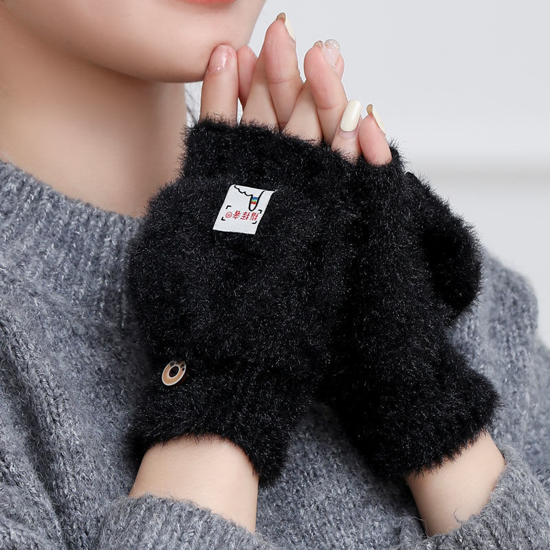 Plush Winter Half Finger Flap Warm Thickened Mink Like Knitting Gloves
