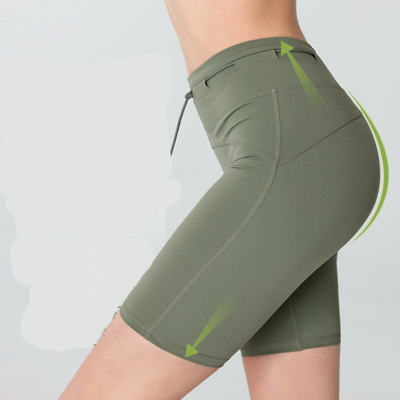 Kvinders Højtaljede Hofteløft Tætsiddende Yoga Shorts med Snøre