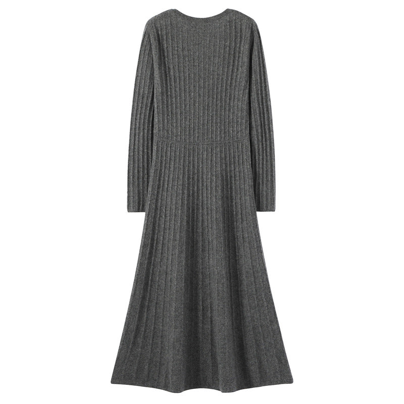 Half-zip Knitted Ribbed V-neck Maxi Dress That Falls Below The Knee