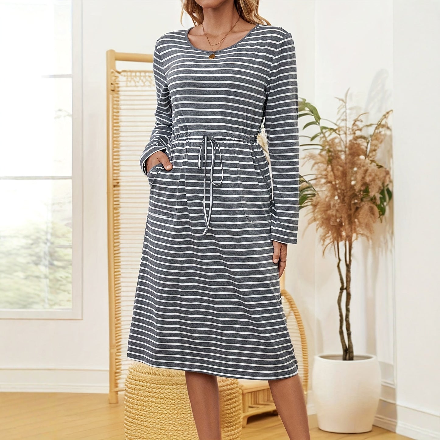 Loose-fitting Womens Striped Long Sleeve Dress