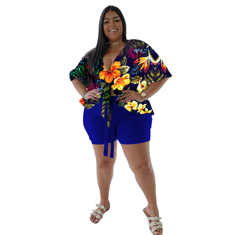 Women's Plus-Size Casual T-Shirt And Shorts Set With Print