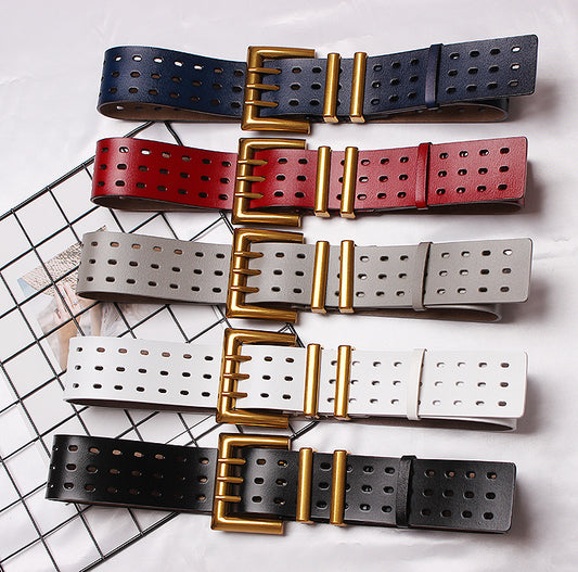 Women's Solid Color Metal Leather Wide Belt