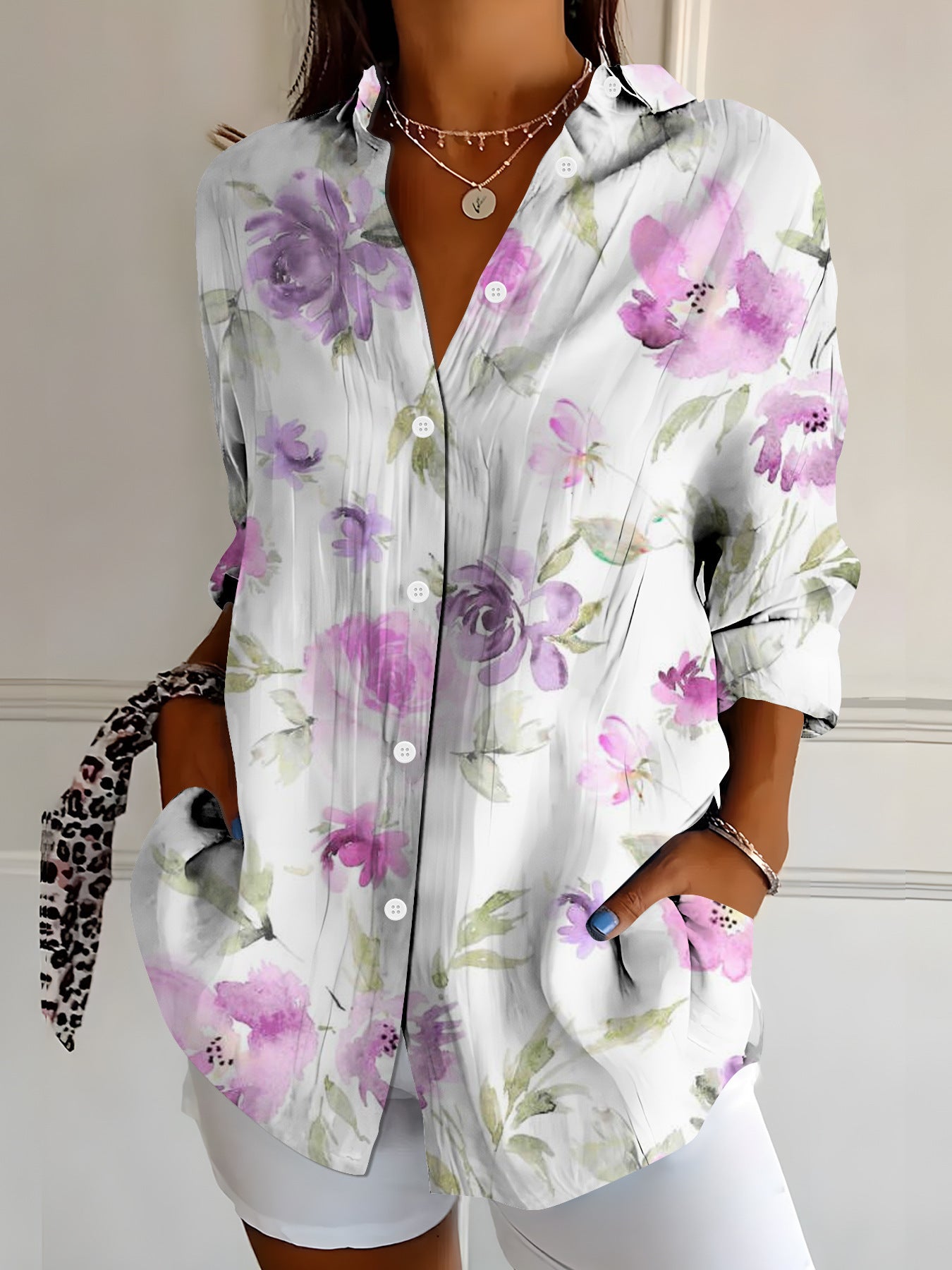 Womens Vibrant Colorful Floral-patterned Long-sleeve Shirt