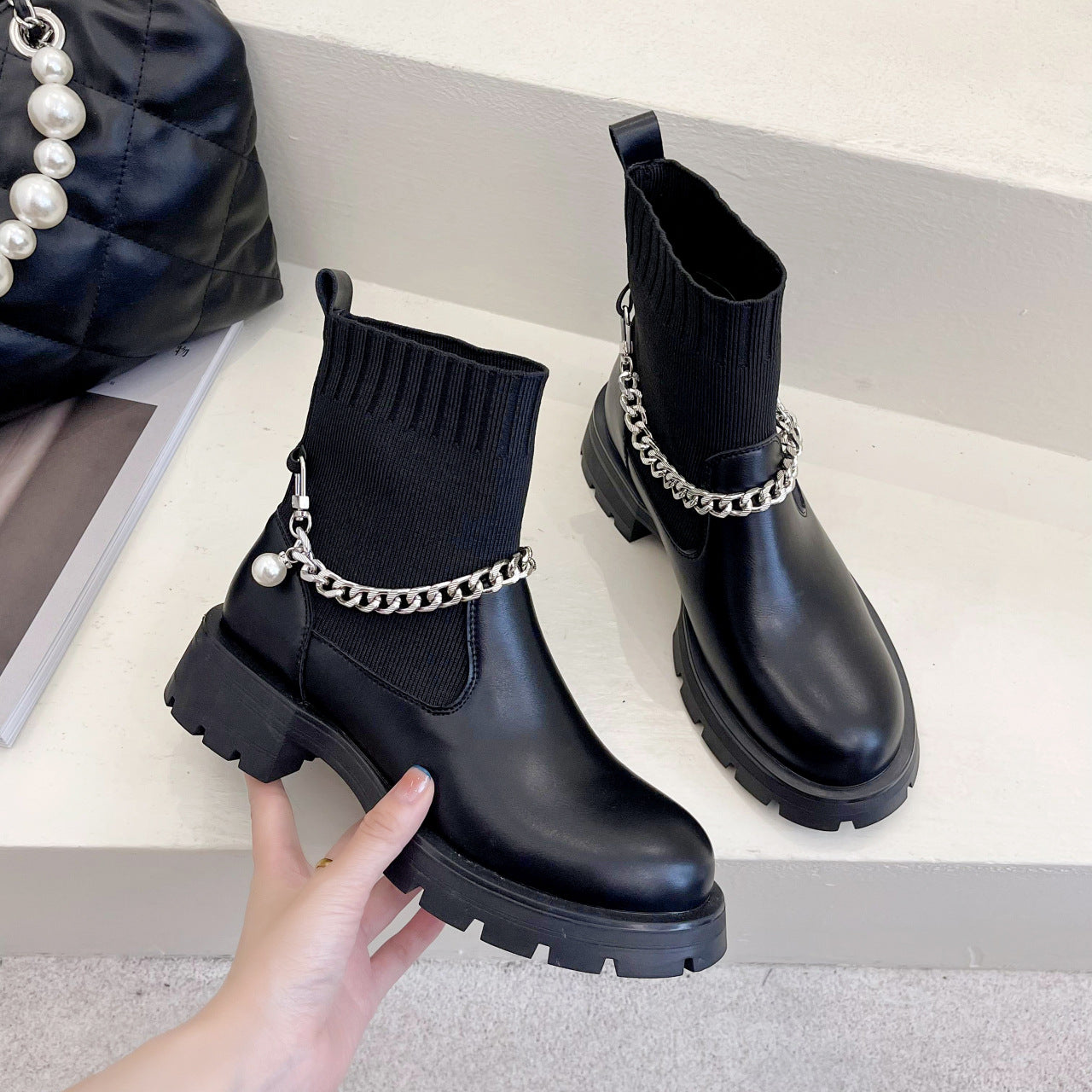 Retro Style Chain Martin Knitted Stretch Two-wear Short Boots