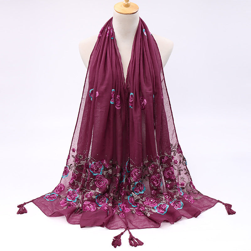 Pure Color Cotton And Linen Embroidered Hot Drilling Fringe Scarf