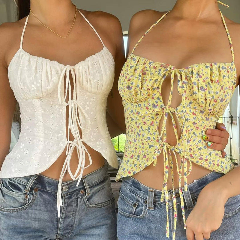 Blomstret ærmeløs mave-wrap brystsløjfe slim top til kvinder
