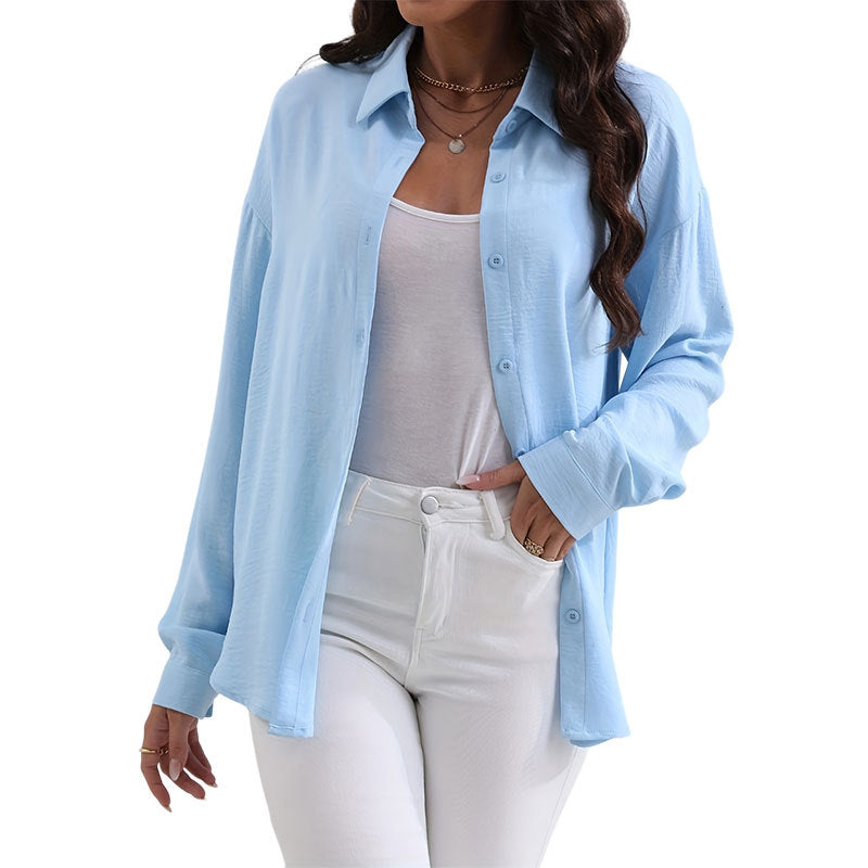 Womens Lapel-collar Long-sleeve Shirt With A Stretchy Stylish Casual Outerwear Design