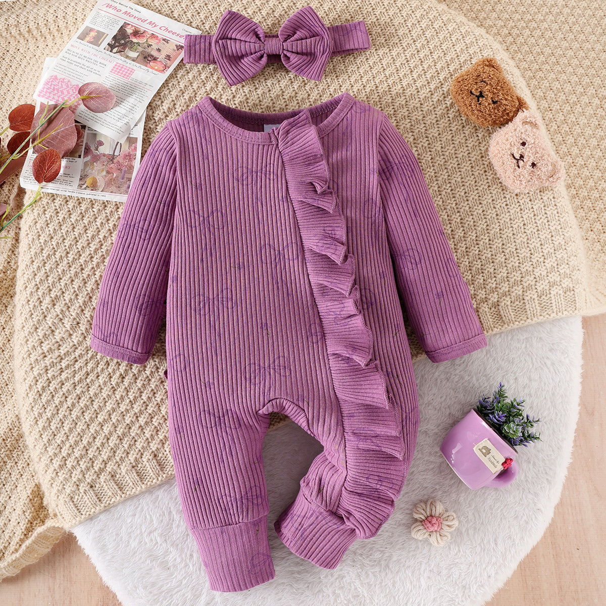 Baby Creative Bowknot Printed Long Sleeve Jumpsuit Suit
