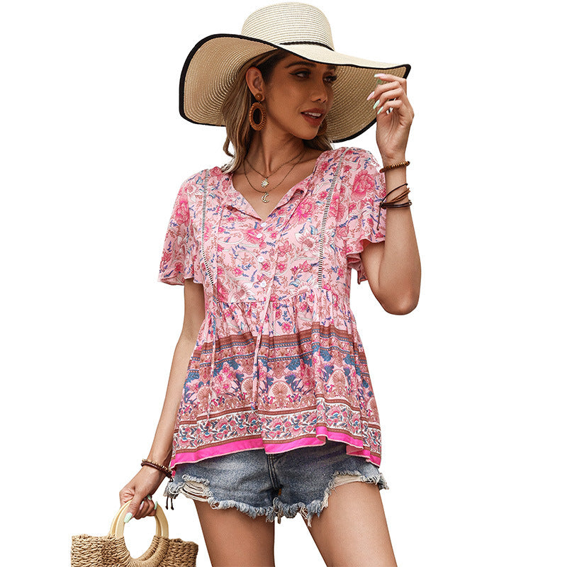 Summer Women's Bohemian Printed Short-sleeved Shirt