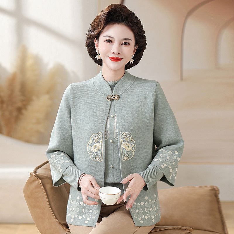 Middle-aged And Elderly Women's Knitting Sweater Cardigan Autumn And Winter Two-piece Set