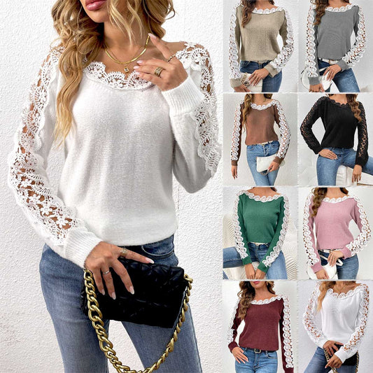 Stylish Lace-Panel Off-the-Shoulder Womens Sweater