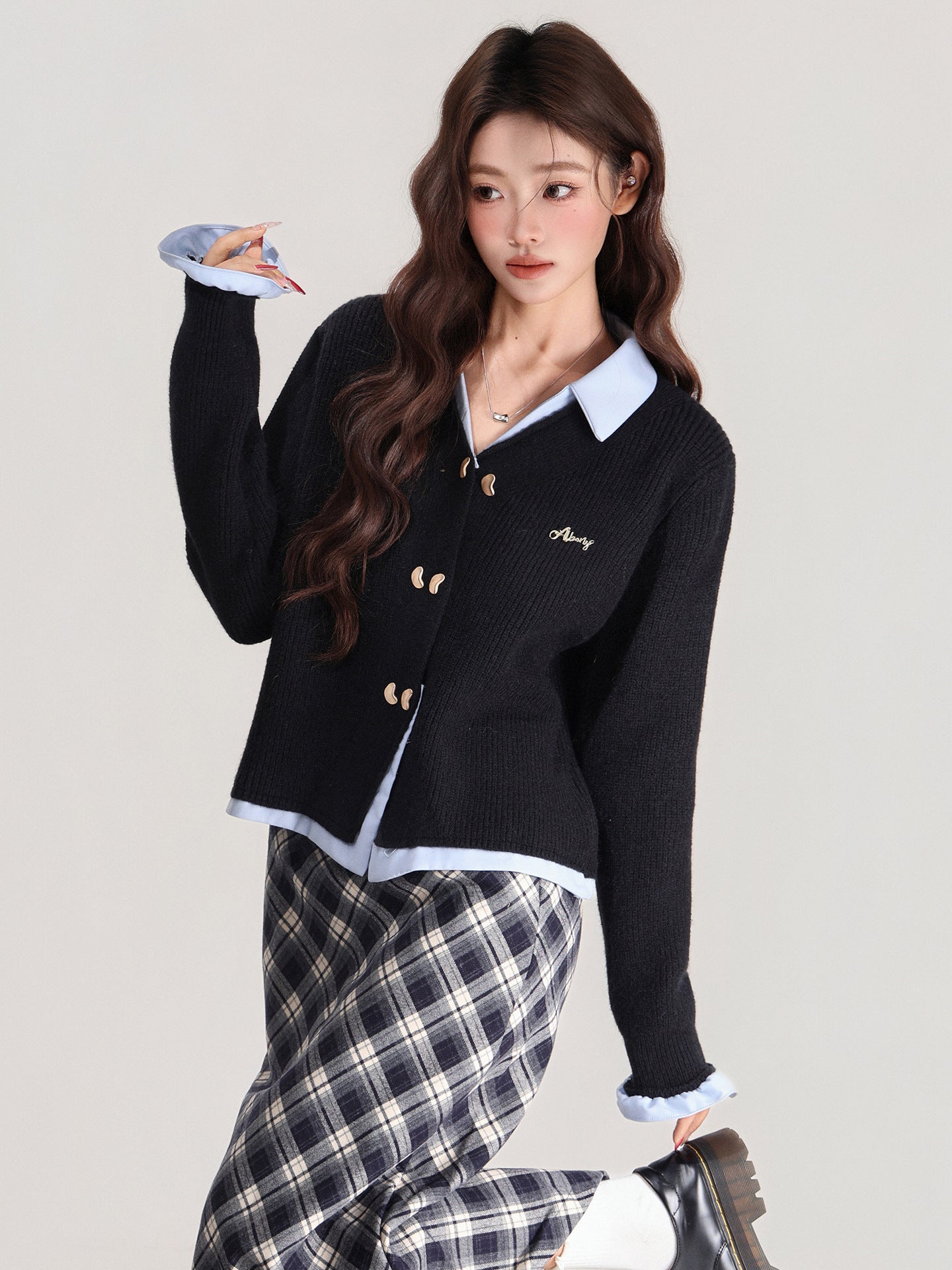 Fake Two-piece Long Sleeve Knitted Cardigan Women Loose Thick Sweater
