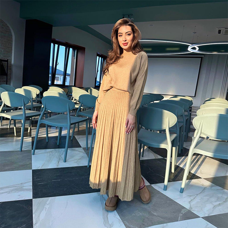 Women's Fashion Round Neck Solid Color Long Sleeved Pleated Skirt Set
