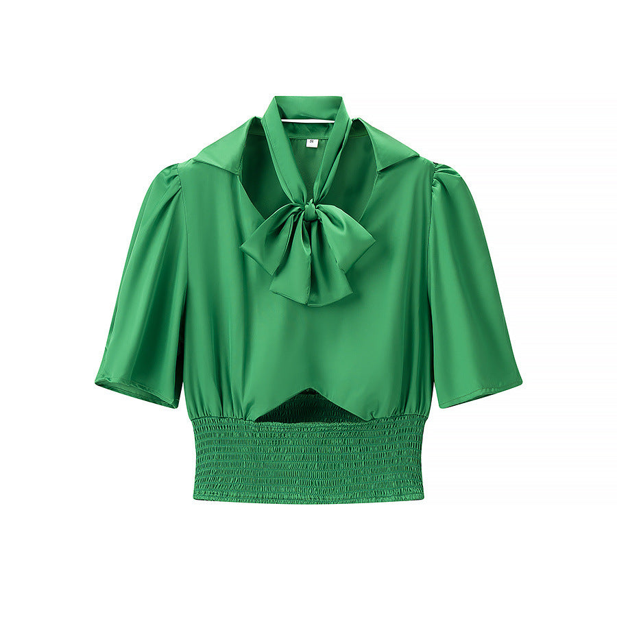 Pleated Elastic Waist Short Top Women Solid Color Waist-cinching
