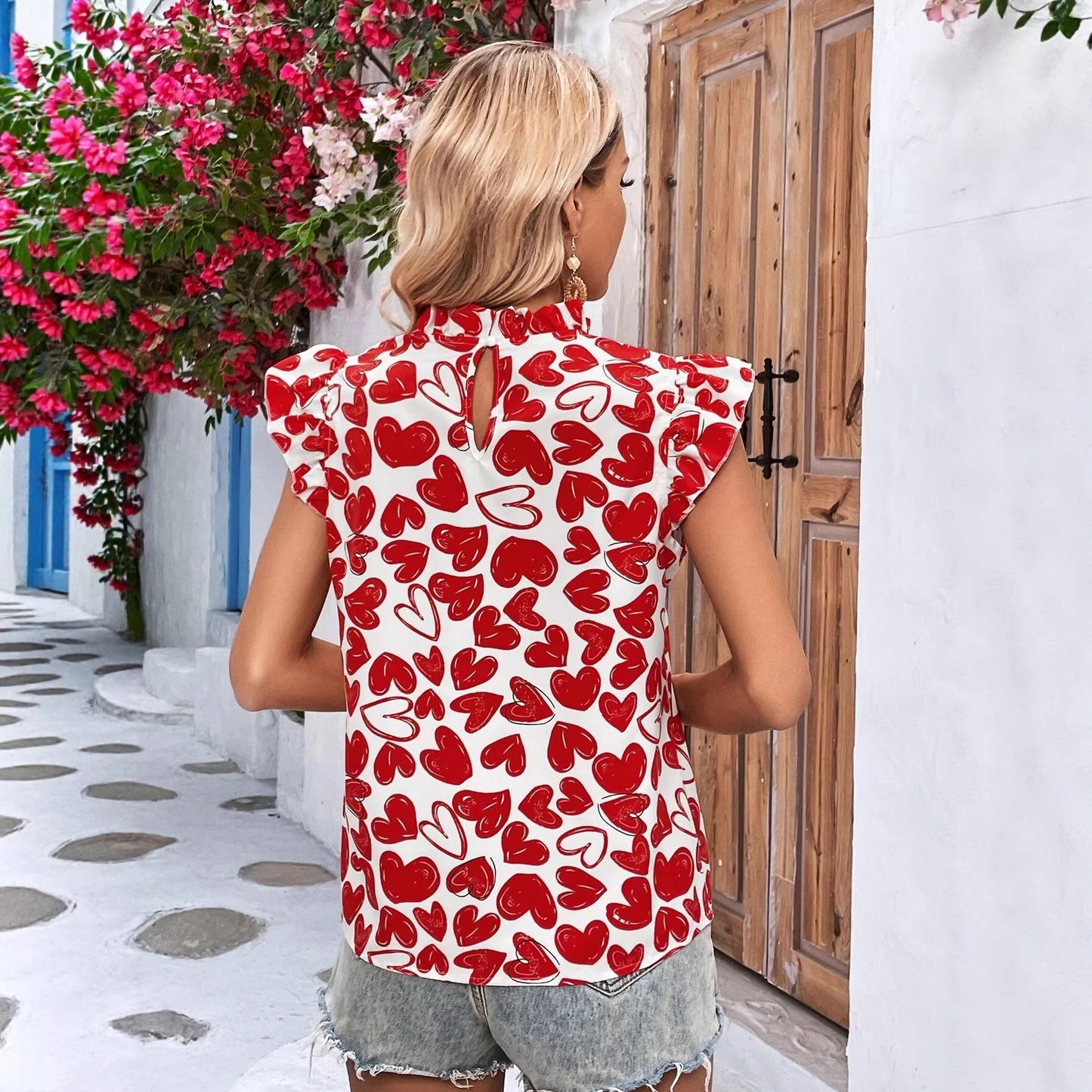 Heart-Shaped All-Over Print Ruffle-Trimmed Valentines Day Shirt