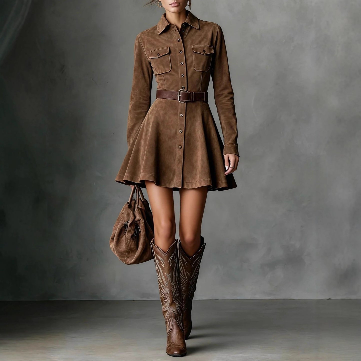 Womens Stylish And Elegant Solid-Color Long-Sleeve Pocket Dress