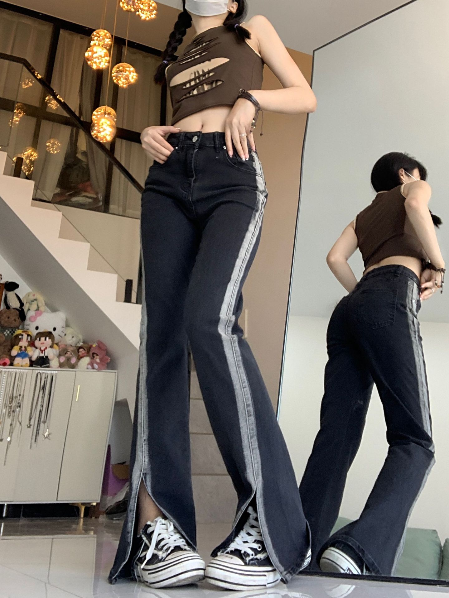 Women's High Waist Black Slit Stretch Jeans