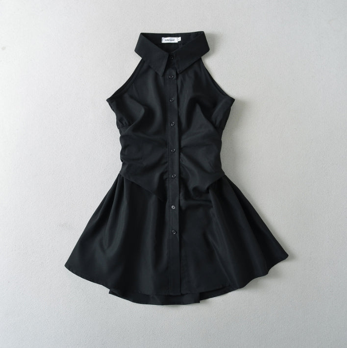 Summer New Pure Desire Style Slim Fit Slimming Waist Pleating Sleeveless Shirt Dress Polo Collar Dress