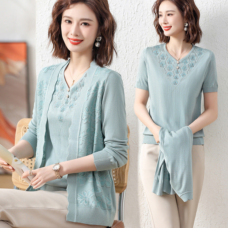 Spring Wear For Moms Fashionable Jacket Thin Knitted Cardigan Two-piece Suit