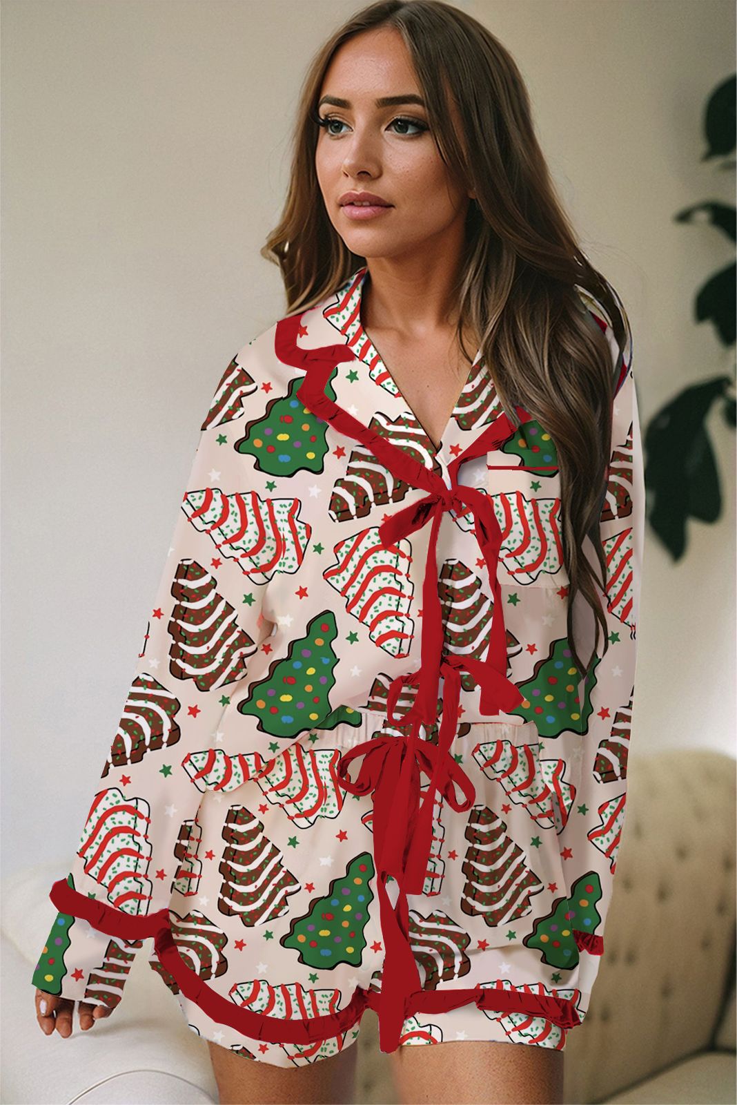 Casual Christmas Satin Printed Ruffle Strip Lace-up Pajamas Set