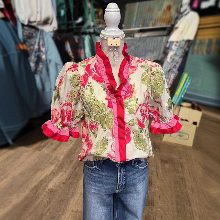 Womens Casual Loose-fitting Fashionable Color-block Printed Top