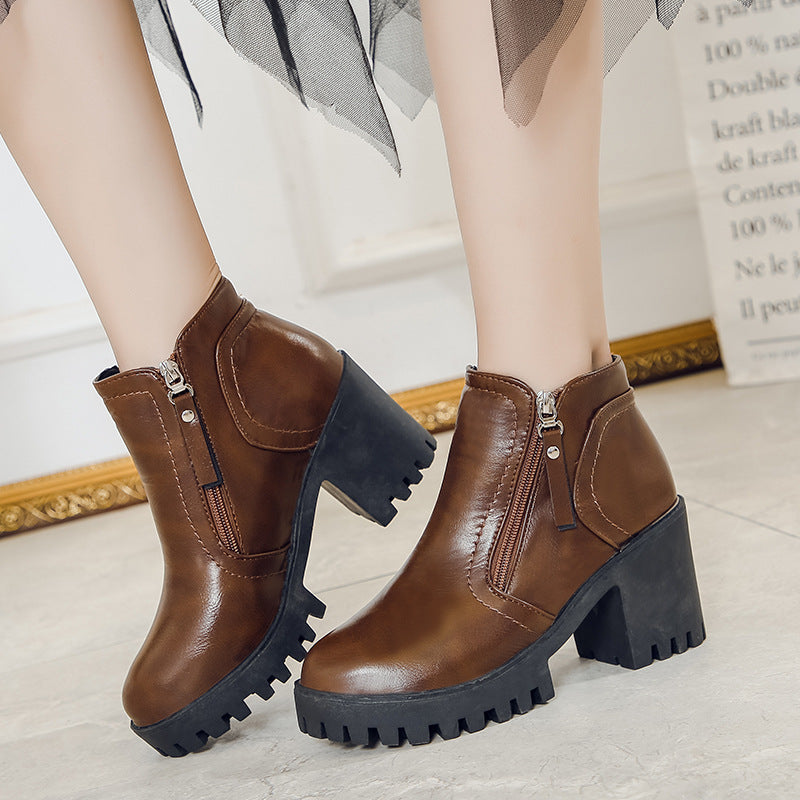 Chunky Heel Round Toe Side Zip Short Boots