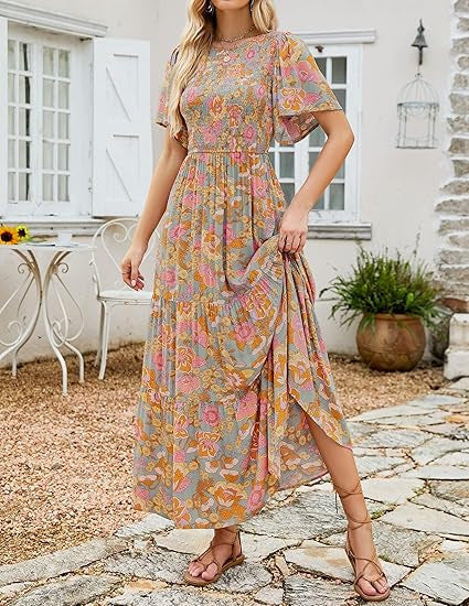 Women's Short-Sleeve Crew-Neck Bohemian Beach Dress