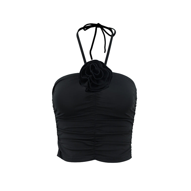 Women's Fashion Lace-up Halter Three-dimensional Flower Pleated Navel Vest