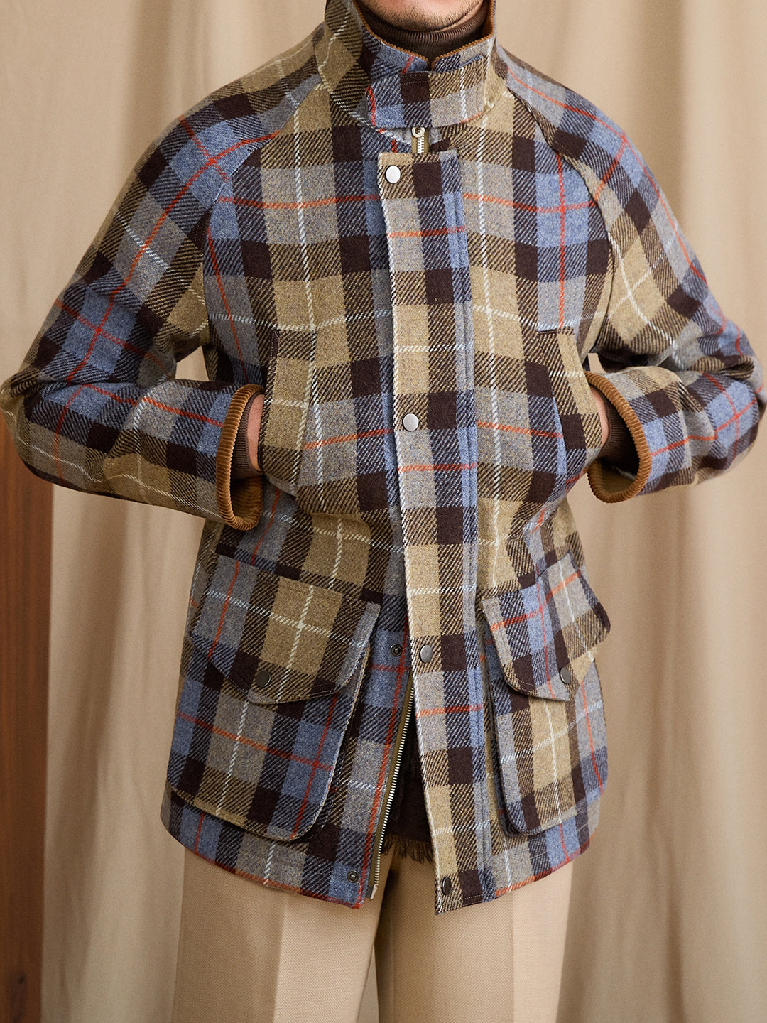Casual Belted Hunting Jacket Wool Stand Collar Slim Coat